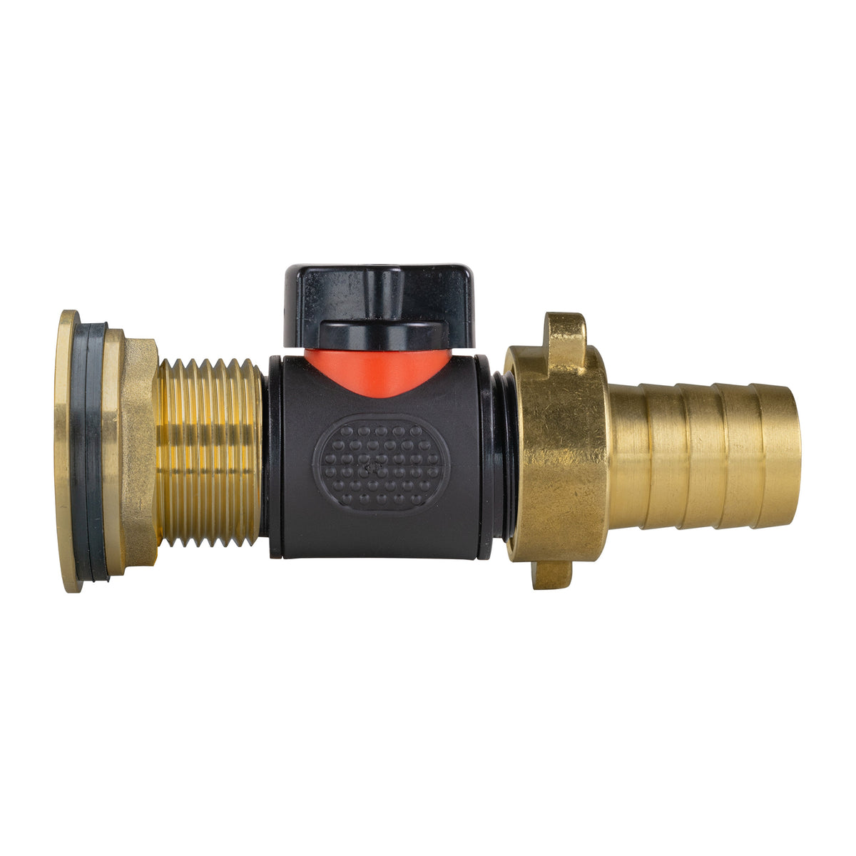 1″ BSP Water Butt Kit – Inline Valve & 19mm Brass Barb; supplied fittings shown.