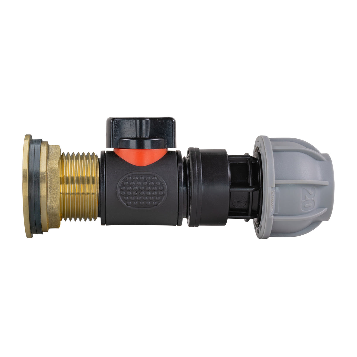 1″ BSP Water Butt Kit – Inline Valve & 20mm MDPE Fitting; supplied fittings shown.