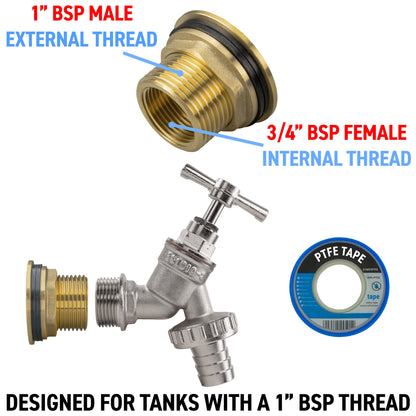 Water Butt Brass Kit 1" BSP with Nickel Plated Barbed Tap