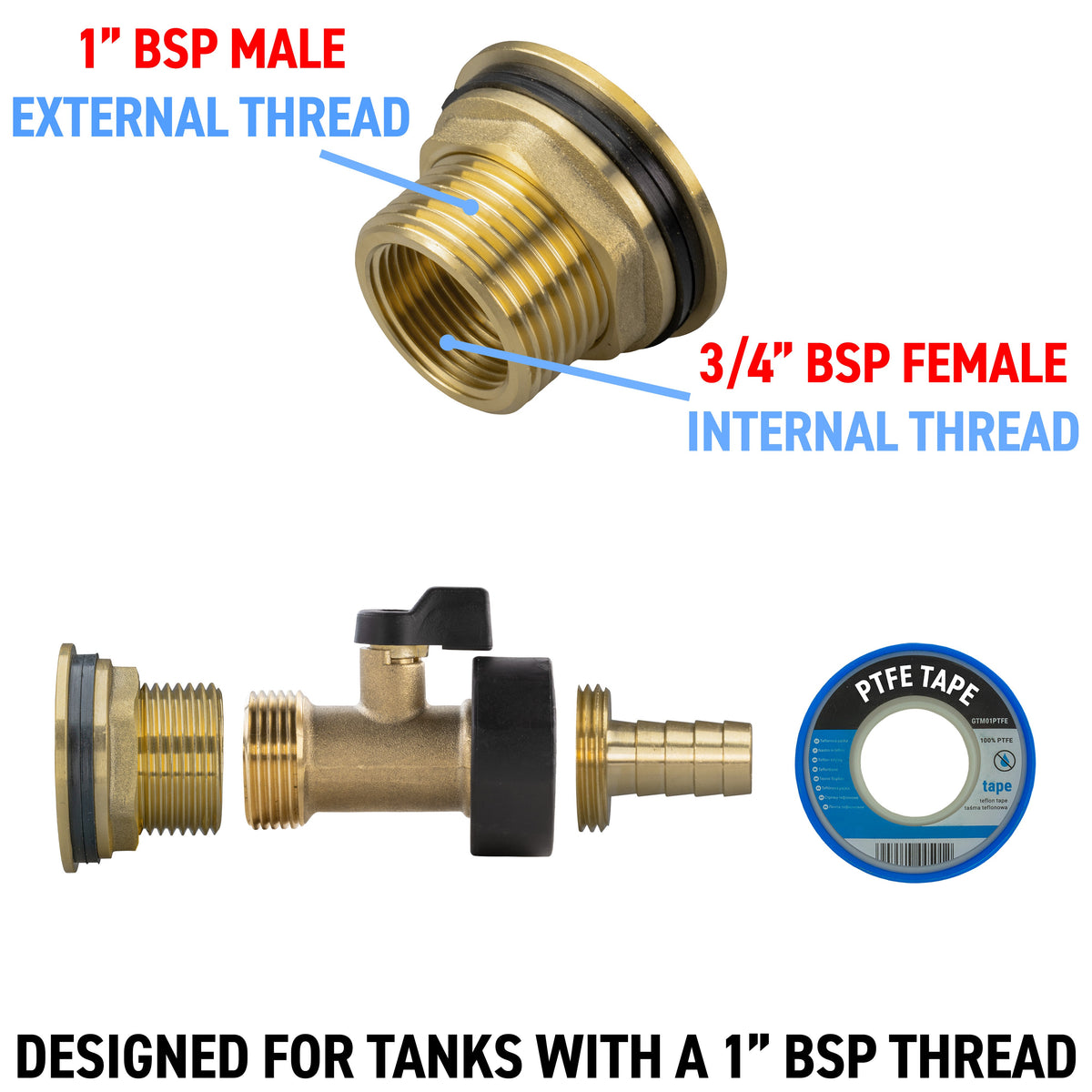 1″ BSP Water Butt Kit with Valve – 13mm Brass Barb
