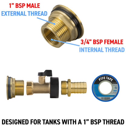 1″ BSP Water Butt Kit with Valve – 19mm Brass Barb