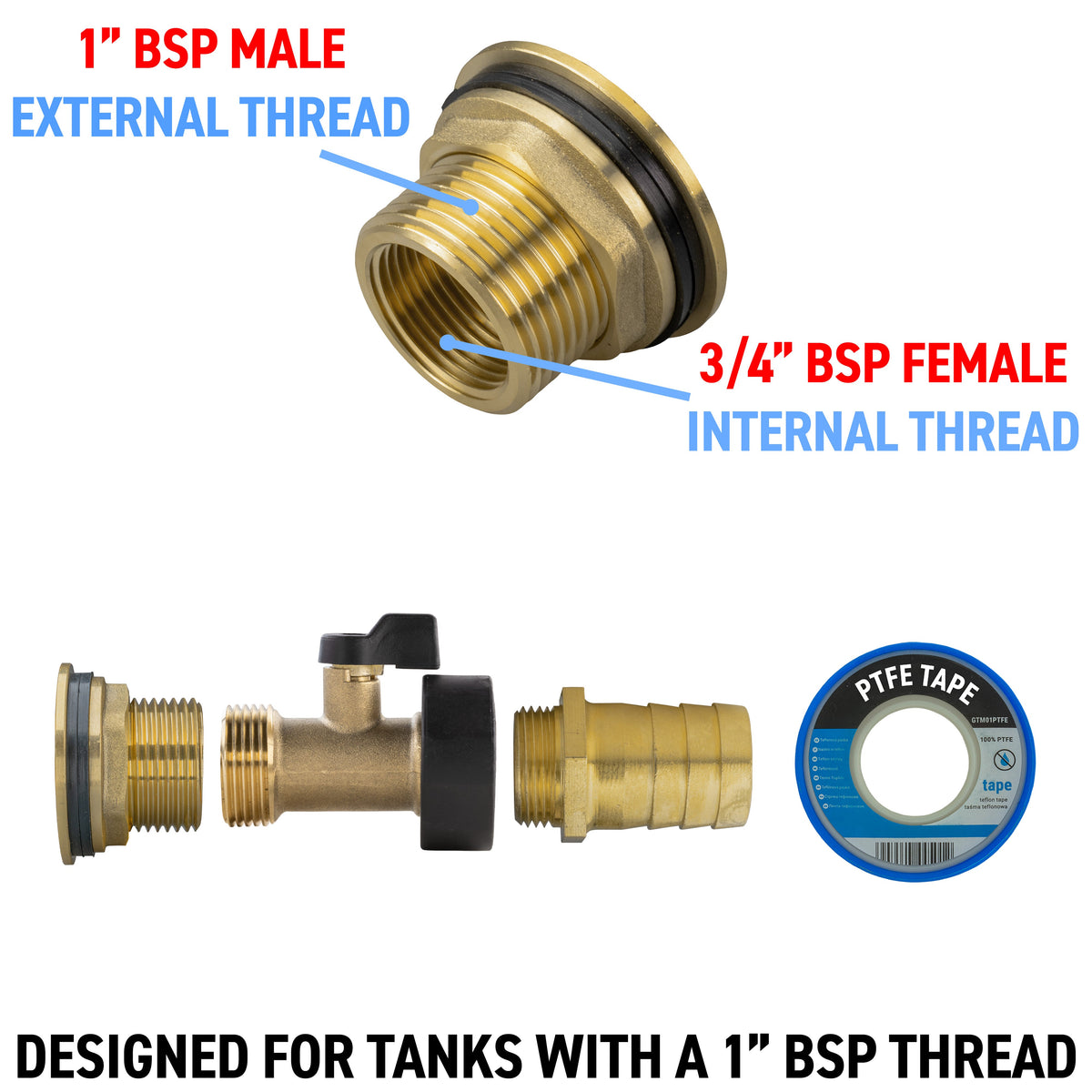 1″ BSP Water Butt Kit with Valve – 25mm Brass Barb