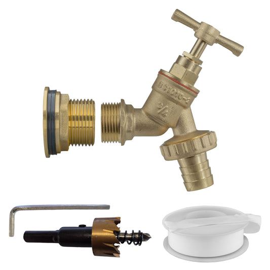 1″ BSP water-butt brass tank adapter kit with ¾″ hose barb and 34mm hole cutter.