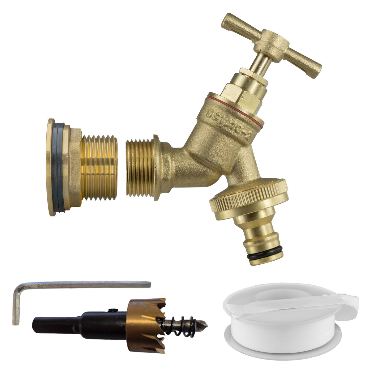 1″ BSP water-butt brass tank adapter kit with male snap-on plug and 34mm hole cutter.