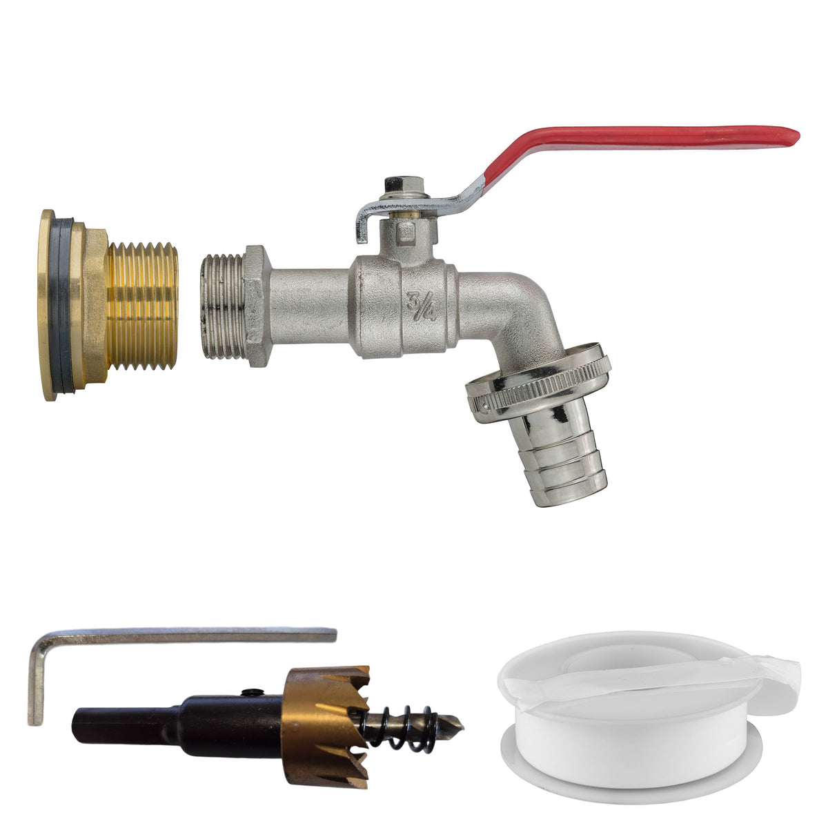 1″ BSP water-butt brass tank adapter kit with ¾″ hose barb and 34mm hole cutter.