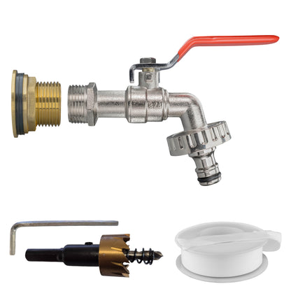 1″ BSP water-butt brass tank adapter kit with male snap-on plug and 34mm hole cutter.