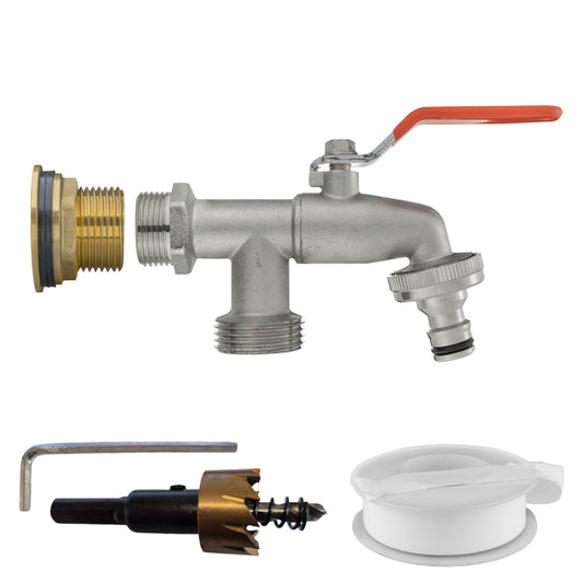 1″ BSP water-butt brass tank adapter kit with one male snap-on plug and one BSP threaded outlet and 34mm hole cutter.