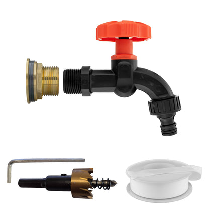 1″ BSP water-butt brass tank adapter kit with male snap-on plug and 34mm hole cutter.