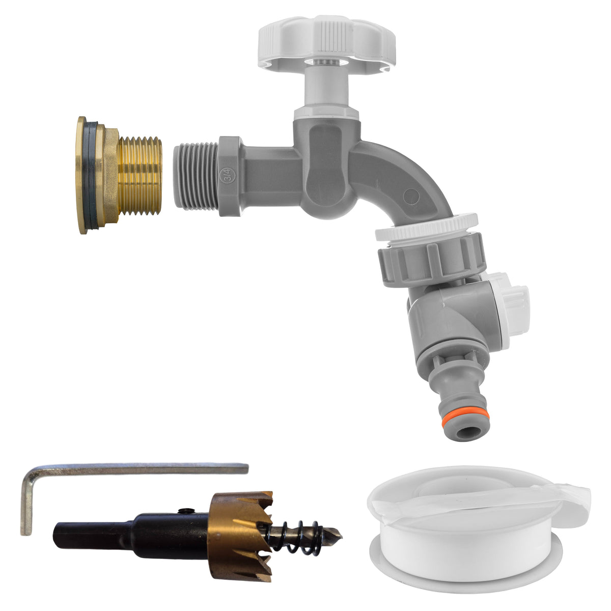 1″ BSP water-butt brass tank adapter kit with two independently valved male snap-on plugs and 34mm hole cutter.