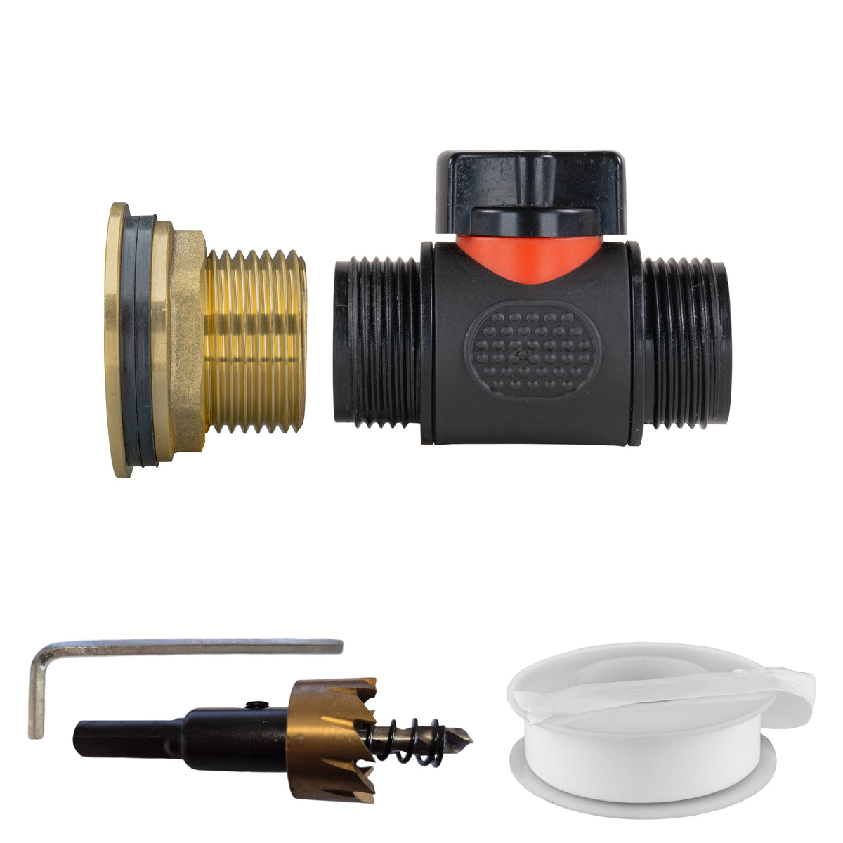 1″ BSP water-butt brass tank adapter kit with exposed ¾″ BSP male thread and 34mm hole cutter.