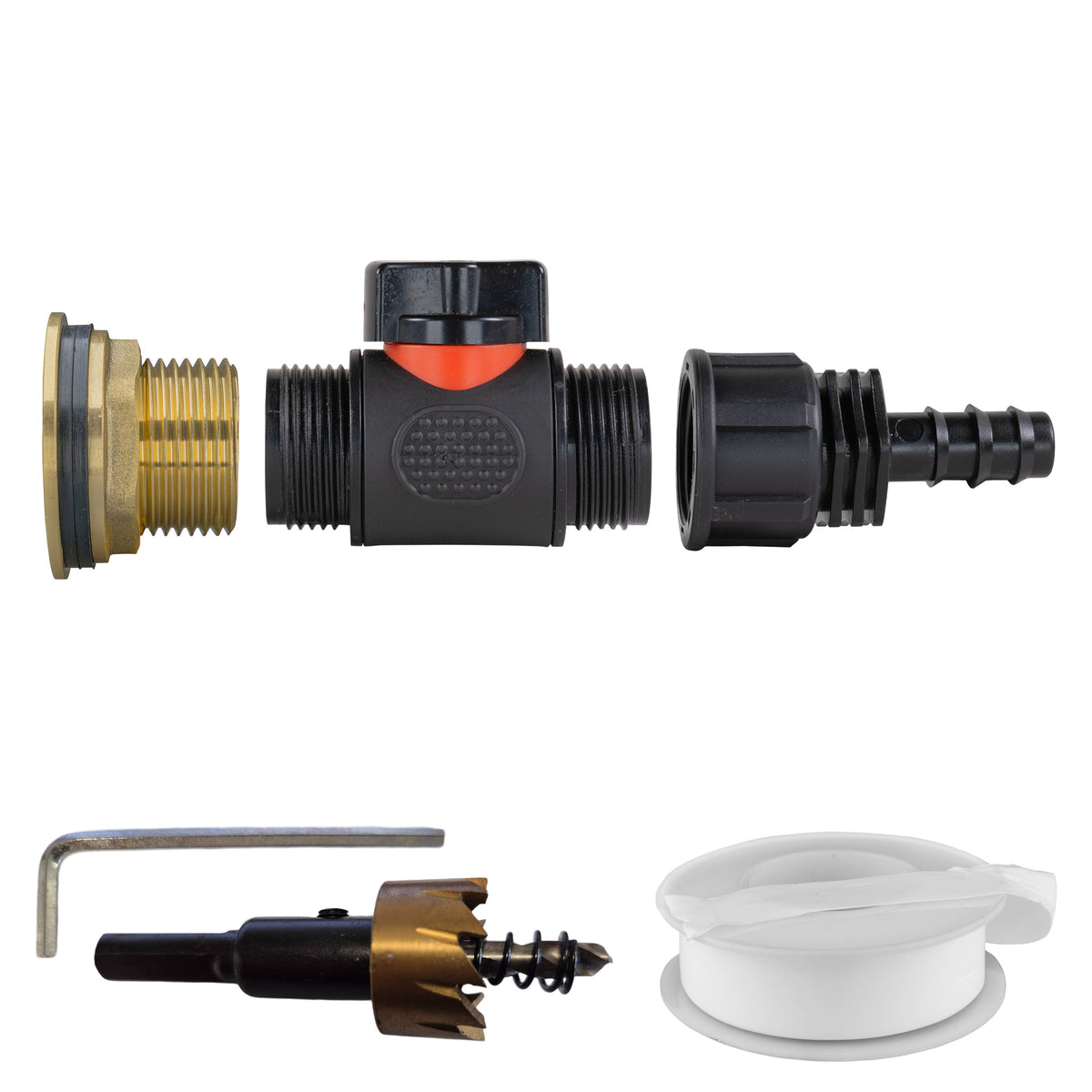 1″ BSP water-butt brass tank adapter kit with 16mm irrigation-pipe barb and 34mm hole cutter.