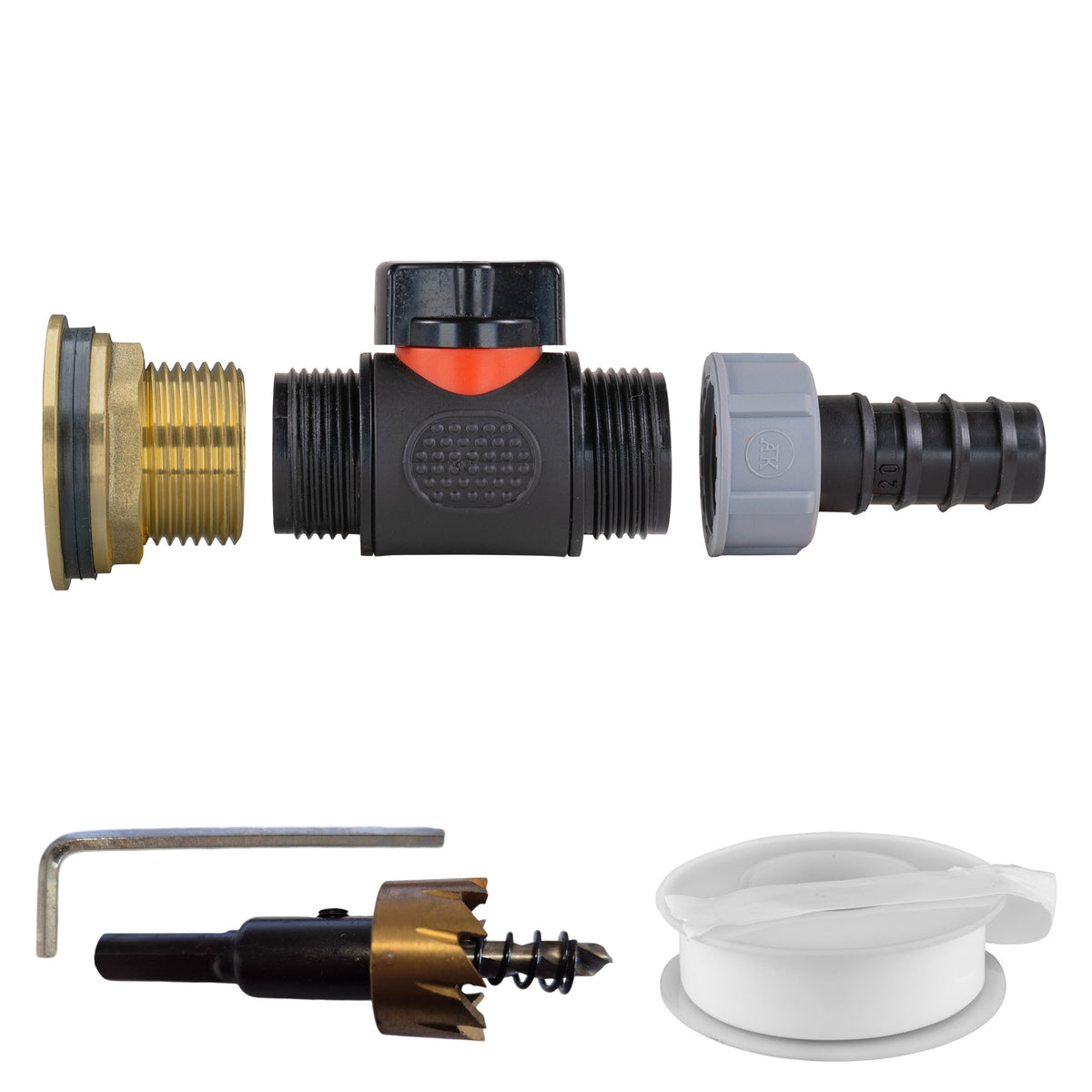1″ BSP water-butt brass tank adapter kit with 20mm irrigation-pipe barb and 34mm hole cutter.