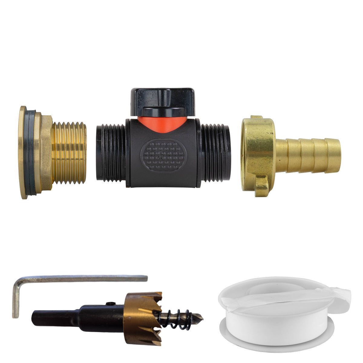 1″ BSP water-butt brass tank adapter kit with 13mm brass hose barb and 34mm hole cutter.