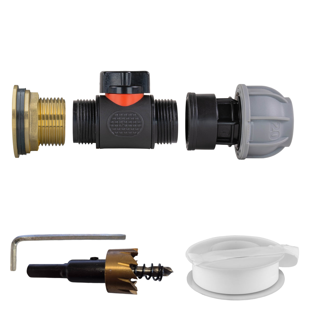 1″ BSP water-butt brass tank adapter kit with 20mm MDPE compression connection and 34mm hole cutter.
