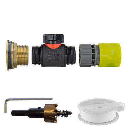 1″ BSP water-butt brass tank adapter kit with lime female snap-on socket and 34mm hole cutter.