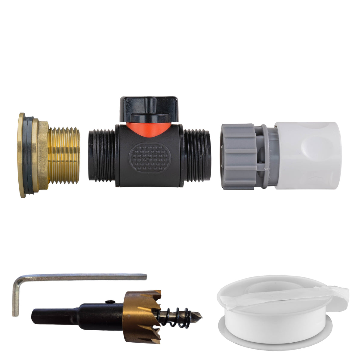1″ BSP water-butt brass tank adapter kit with White Line female snap-on socket and 34mm hole cutter.