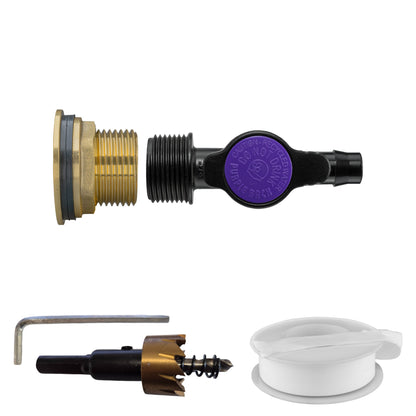 1″ BSP water-butt brass tank adapter kit with 13mm irrigation barb and 34mm hole cutter.