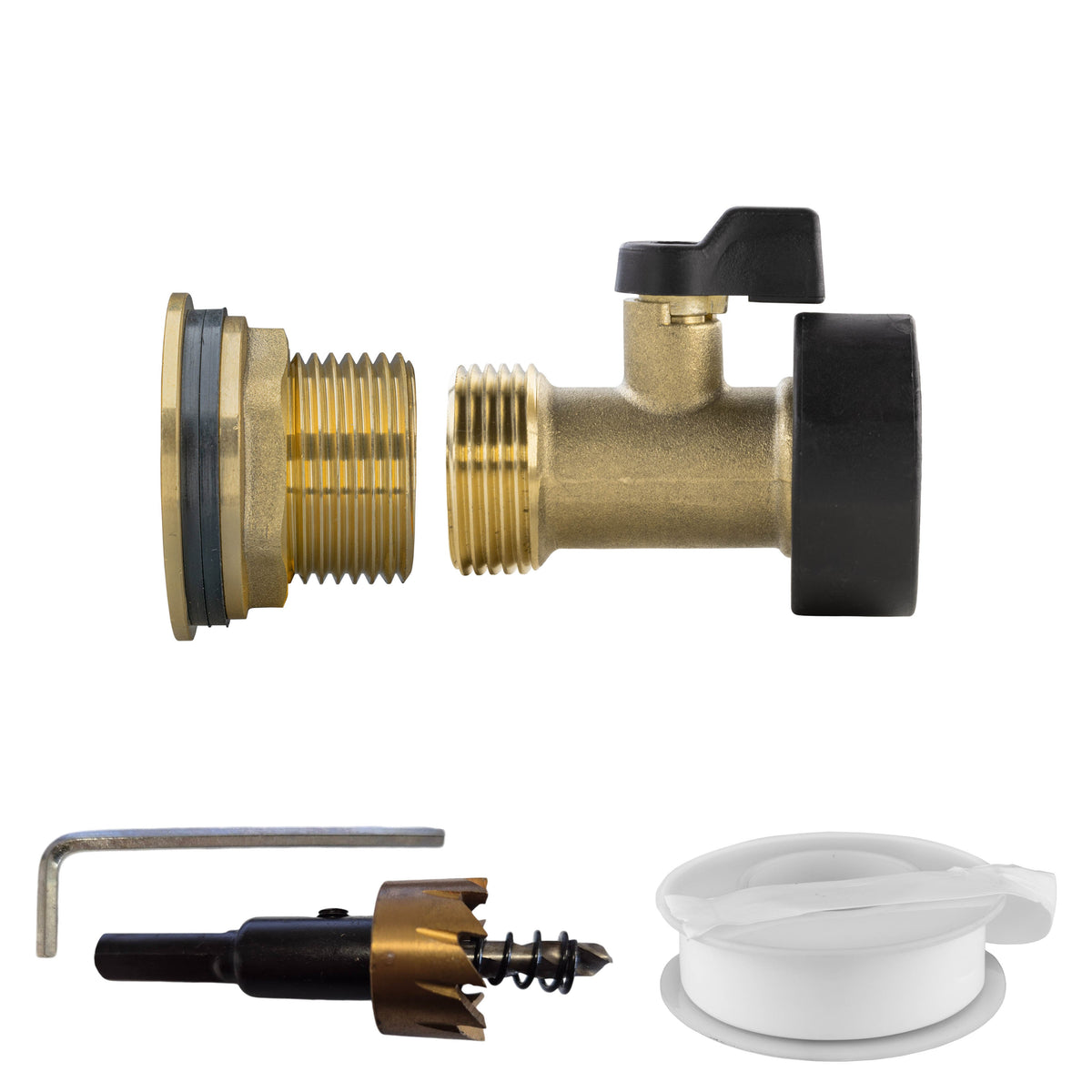 1″ BSP water-butt brass tank adapter kit with ¾″ BSP female thread and 34mm hole cutter.