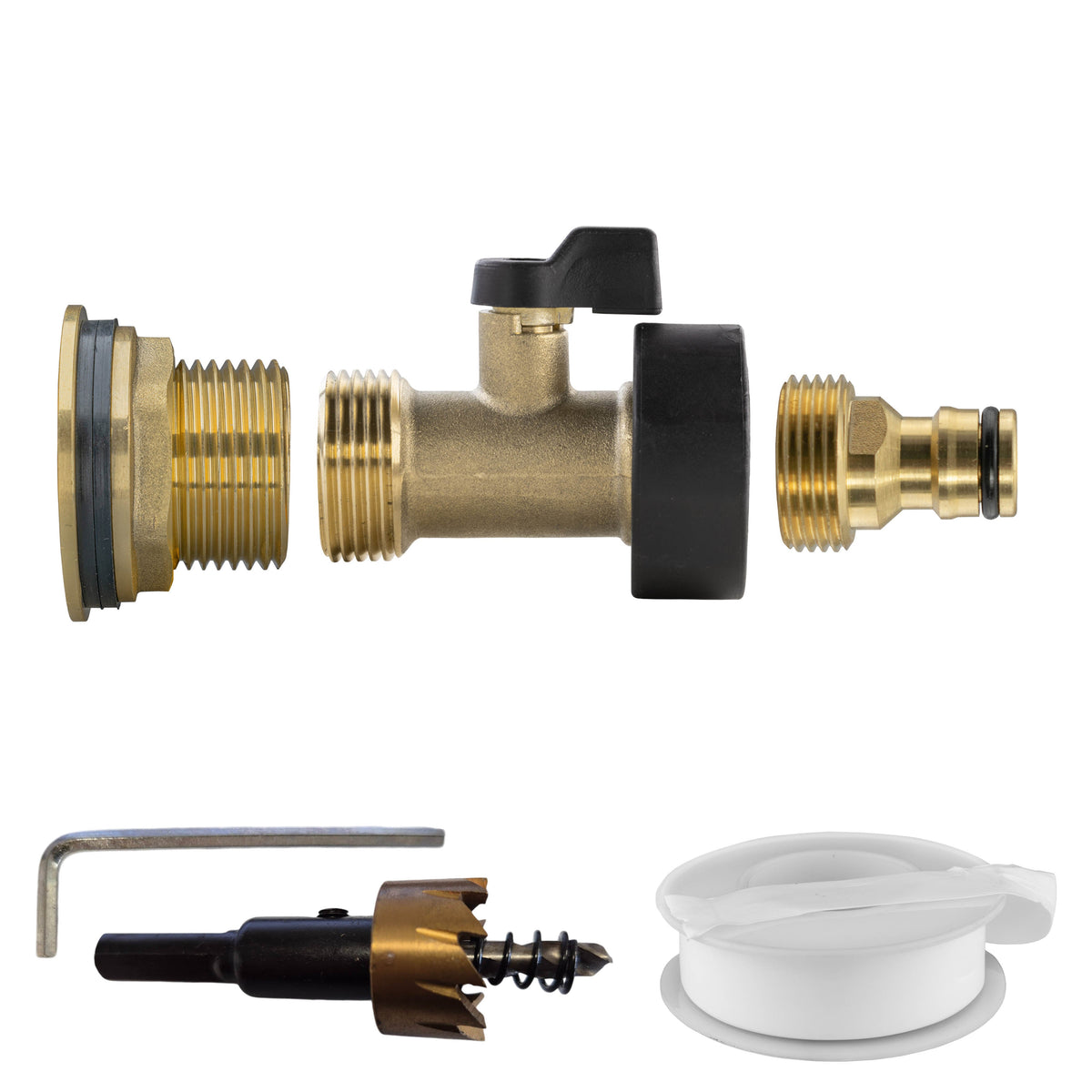 1″ BSP water-butt brass tank adapter kit with male snap-on plug and 34mm hole cutter.