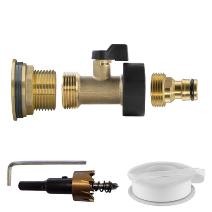 1″ BSP water-butt brass tank adapter kit with male snap-on plug and 34mm hole cutter.