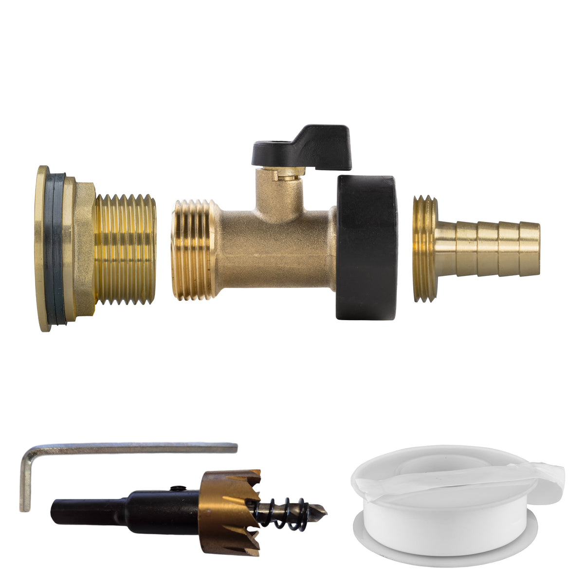 1″ Brass Water Butt Kit – Brass Valve, 13mm Barb & Cutter; supplied components shown.