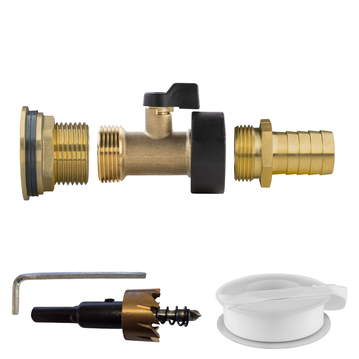 1″ Brass Water Butt Kit – Brass Valve, 19mm Barb & Cutter; supplied components shown.
