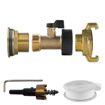1″ Brass Water Butt Kit – Brass Valve, Claw Coupling & Cutter; supplied components shown.