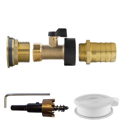 1″ Brass Water Butt Kit – Brass Valve, 25mm Barb & Cutter; supplied components shown.