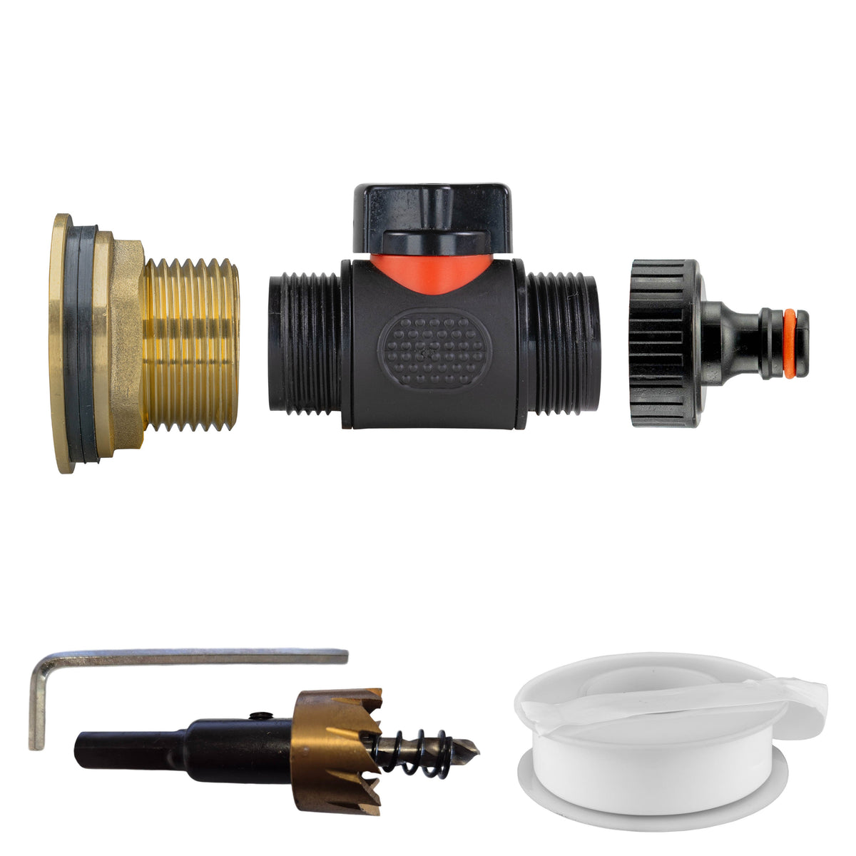 1″ Brass Water Butt Kit – Plastic Quick Valve & Cutter; supplied components shown.