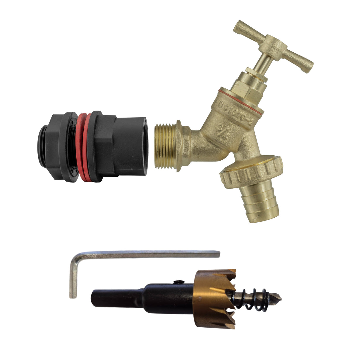 ¾″ Water Butt Kit – Brass ¾″ Barbed Tap & Cutter; supplied components shown.