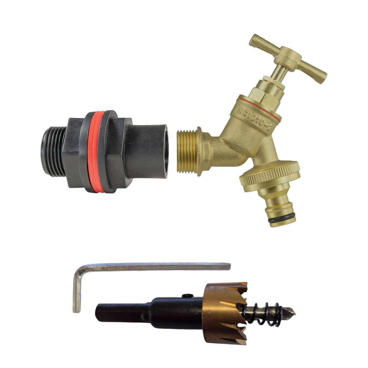 ¾″ Water Butt Kit – Brass Quick Tap & Cutter; supplied components shown.
