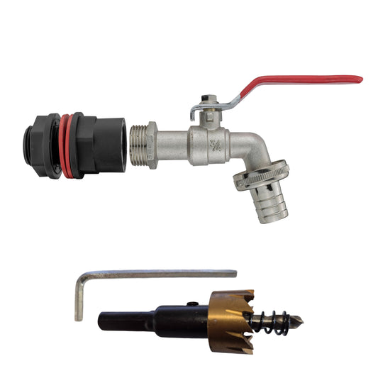 ¾″ Water Butt Kit – ¾″ Barbed Lever Tap & Cutter; supplied components shown.