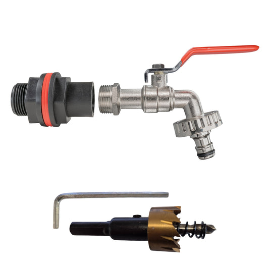 ¾″ Water Butt Kit – Quick Lever Tap & Cutter; supplied components shown.