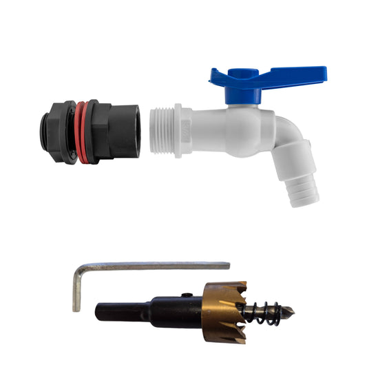 ¾″ BSP water-butt plastic tank kit with ½″ hose barb and 27mm hole cutter.