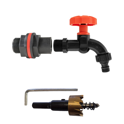¾″ BSP water-butt plastic tank kit with male snap-on plug and 27mm hole cutter.