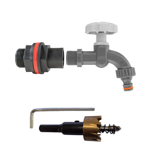 ¾″ BSP water-butt plastic tank kit with male snap-on plug and 27mm hole cutter.