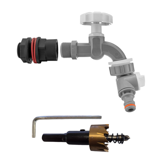 ¾″ BSP water-butt plastic tank kit with two independently valved male snap-on plugs and 27mm hole cutter.