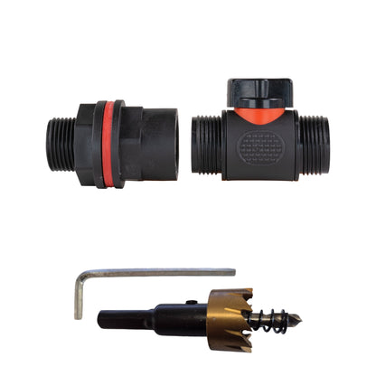 ¾″ BSP water-butt plastic tank kit with exposed ¾″ BSP male thread and 27mm hole cutter.