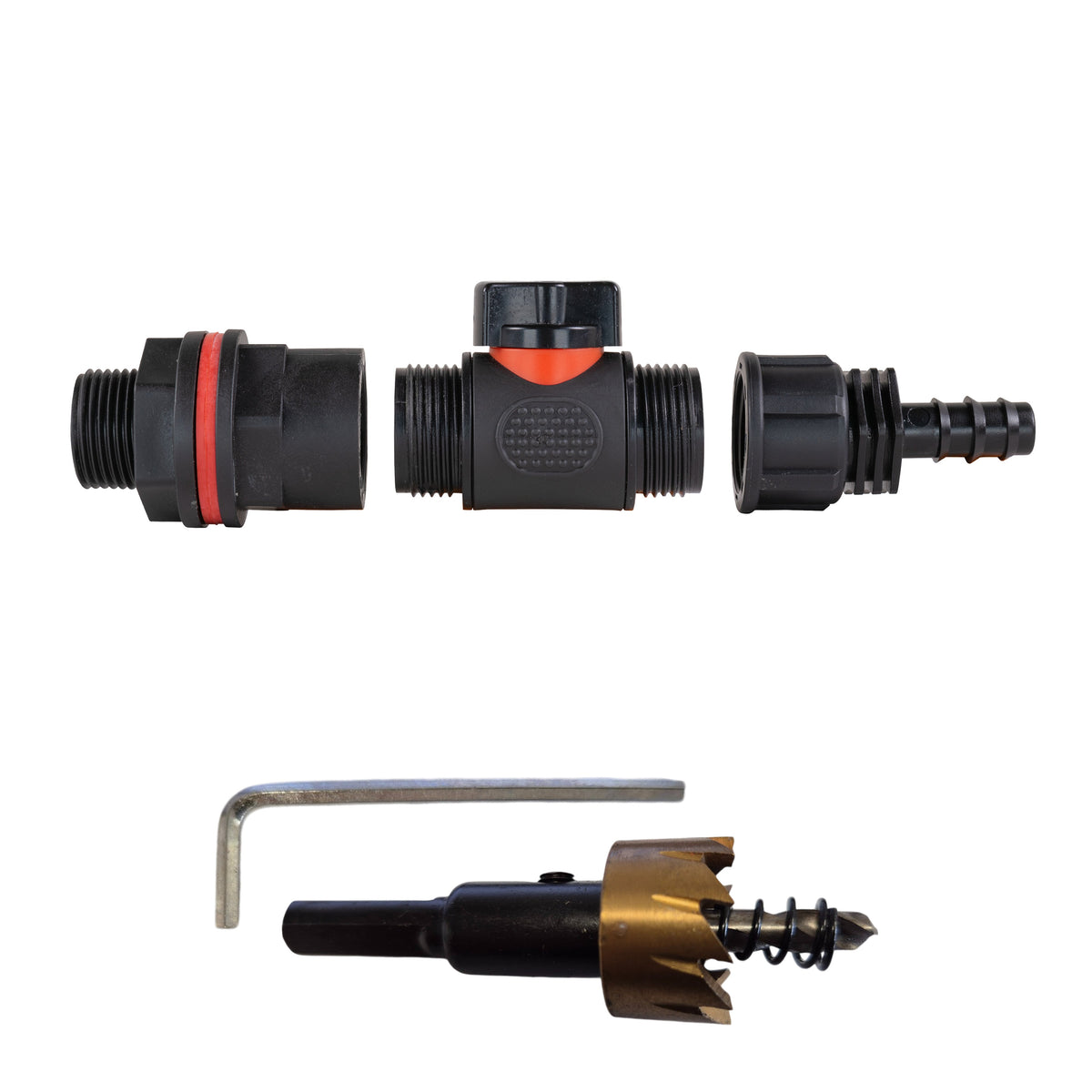 ¾″ BSP water-butt plastic tank kit with 16mm irrigation-pipe barb and 27mm hole cutter.