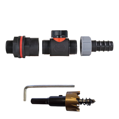 ¾″ BSP water-butt plastic tank kit with 20mm irrigation-pipe barb and 27mm hole cutter.