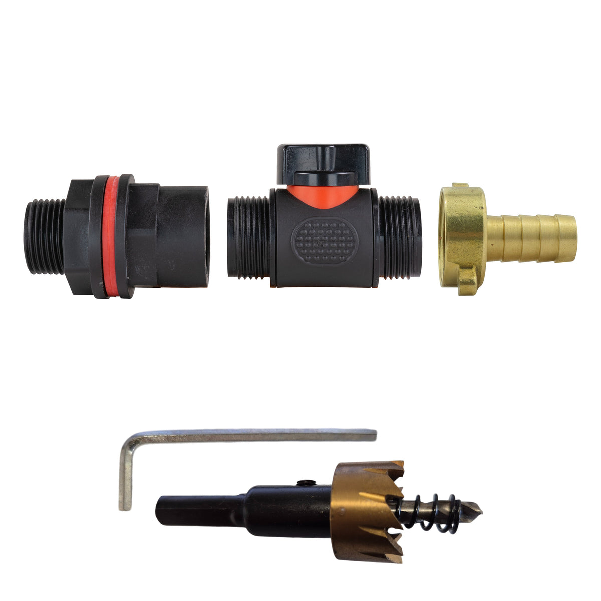 ¾″ BSP water-butt plastic tank kit with 13mm brass hose barb and 27mm hole cutter.