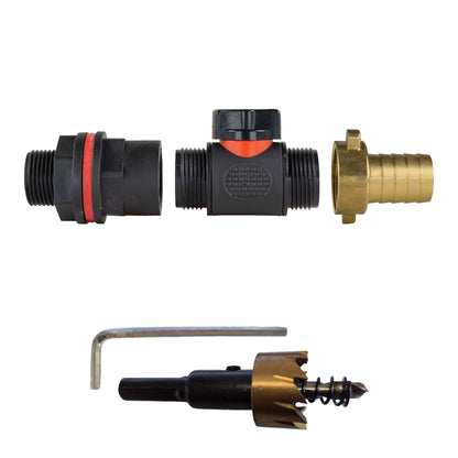 ¾″ BSP water-butt plastic tank kit with 19mm brass hose barb and 27mm hole cutter.