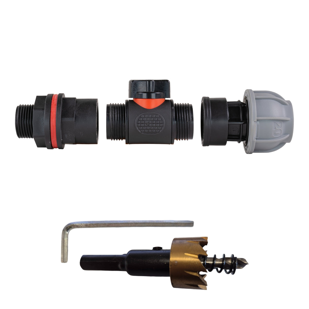¾″ BSP water-butt plastic tank kit with 20mm MDPE compression connection and 27mm hole cutter.