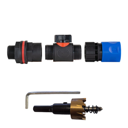 ¾″ BSP water-butt plastic tank kit with blue female snap-on socket and 27mm hole cutter.