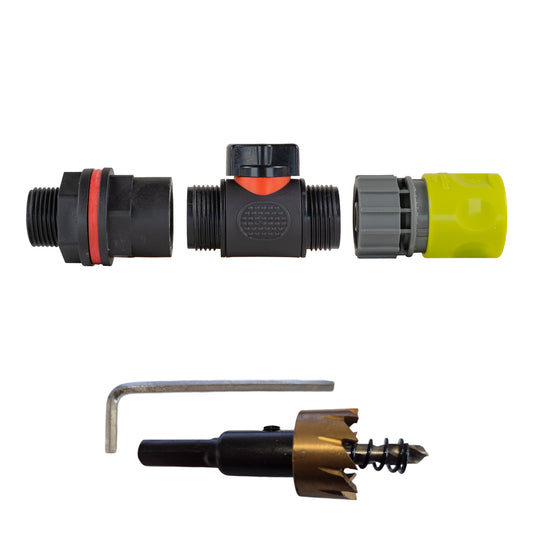 ¾″ BSP water-butt plastic tank kit with lime female snap-on socket and 27mm hole cutter.