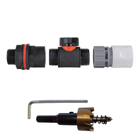 ¾″ BSP water-butt plastic tank kit with White Line female snap-on socket and 27mm hole cutter.