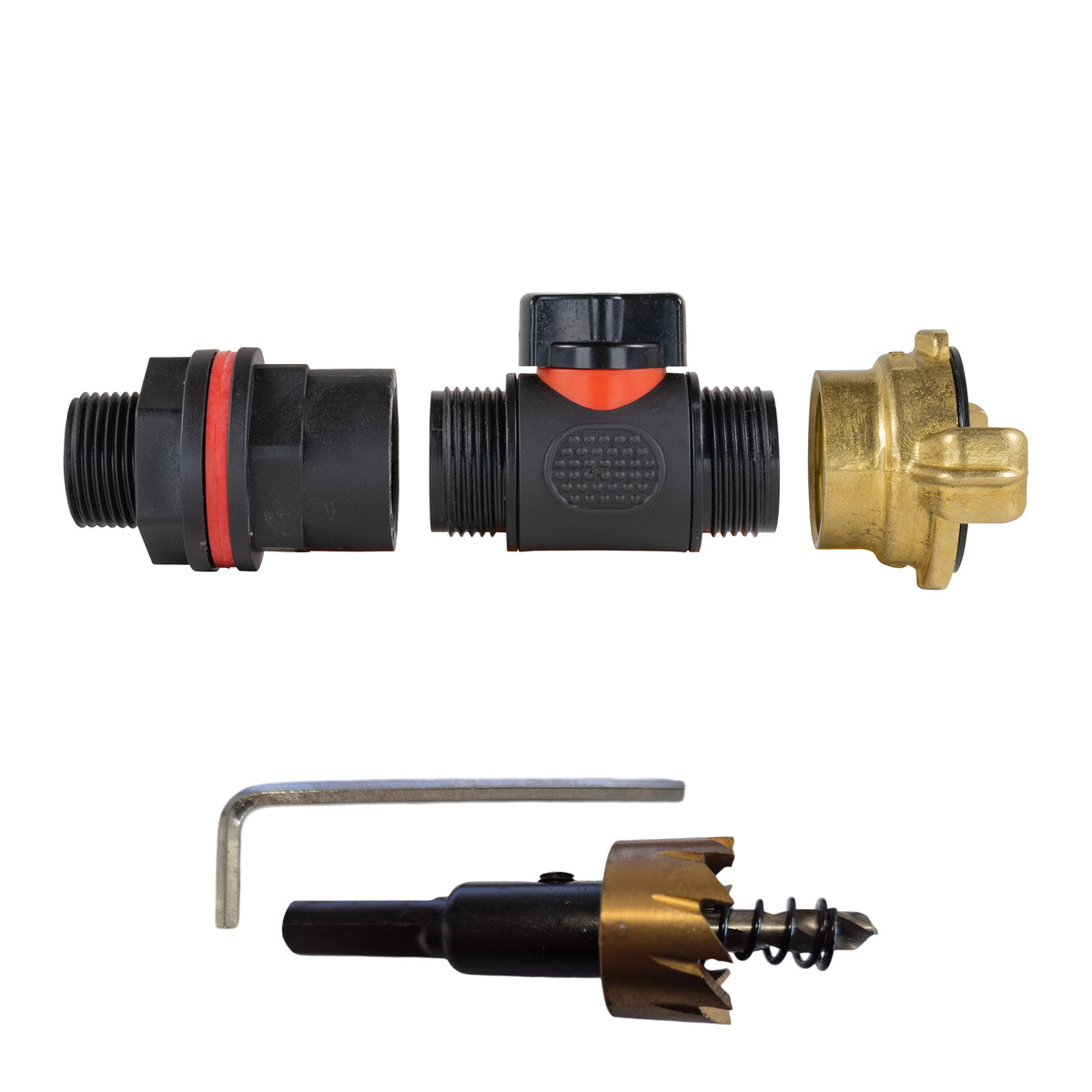 ¾″ BSP water-butt plastic tank kit with Geka-type brass claw coupling and 27mm hole cutter.