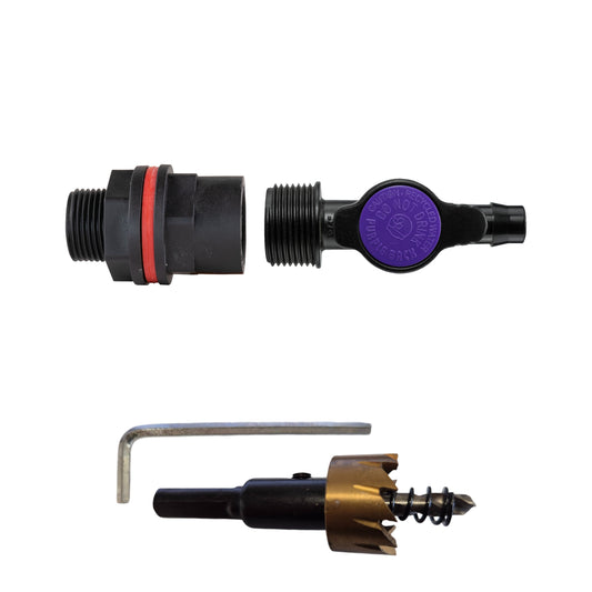 ¾″ BSP water-butt plastic tank kit with 13mm irrigation barb and 27mm hole cutter.