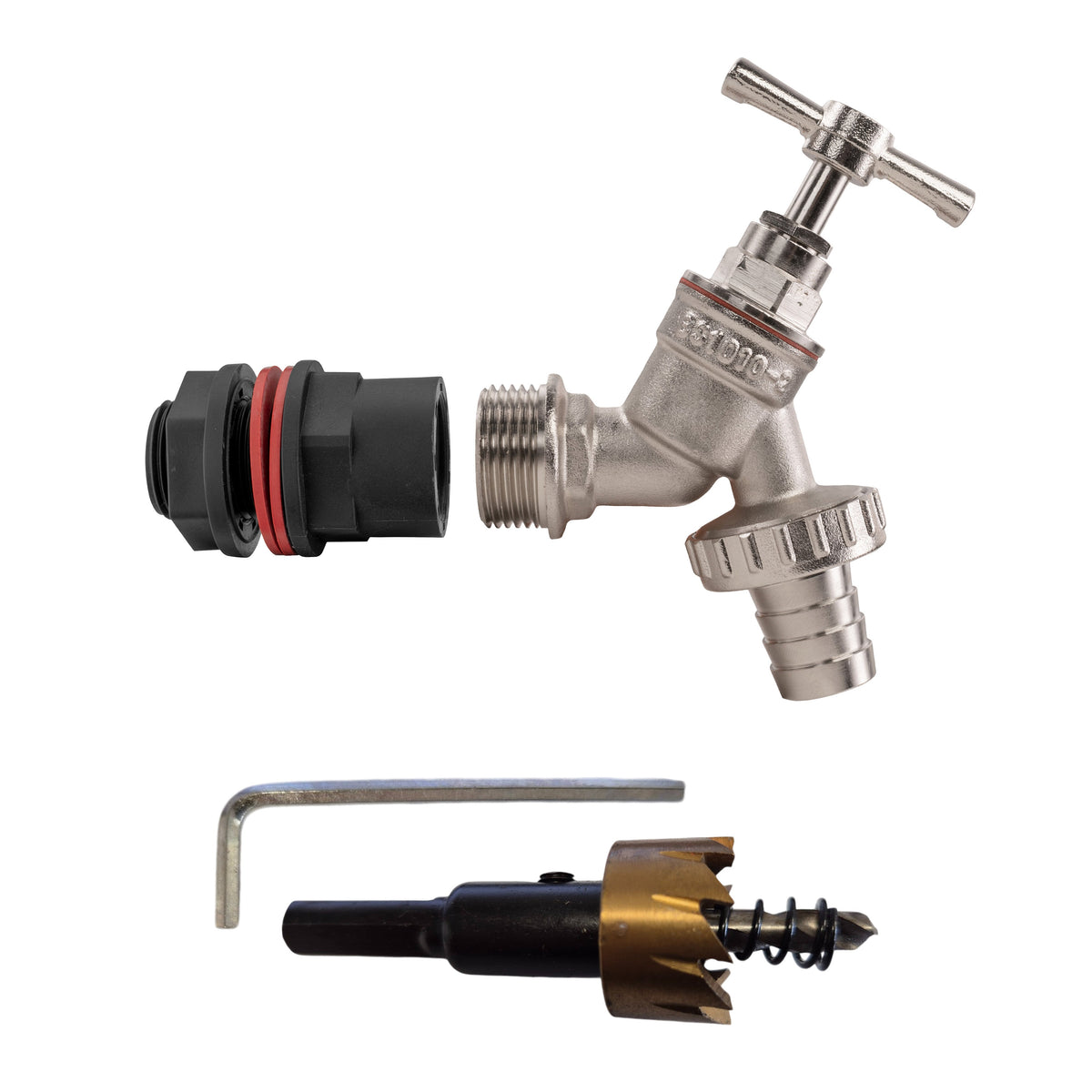 ¾″ BSP water-butt plastic tank kit with ¾″ hose barb and 27mm hole cutter.