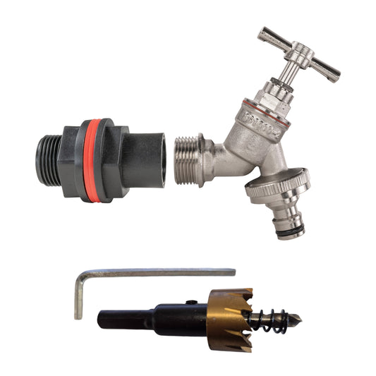 ¾″ BSP water-butt plastic tank kit with male snap-on plug and 27mm hole cutter.